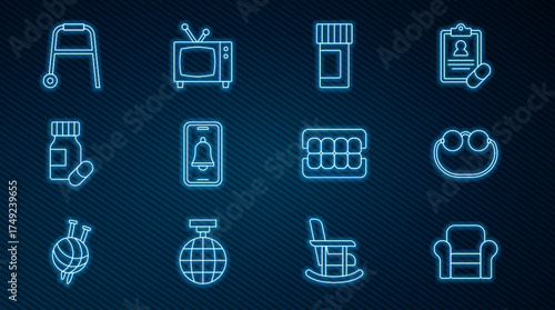 Set line Armchair, Eyeglasses, Medicine bottle and pills, Emergency phone call, Walker, False jaw and Retro tv icon. Vector