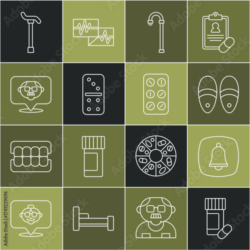 Set line Medicine bottle and pills, Emergency phone call, Slippers, Walking stick cane, Domino, Grandfather, and Pills blister pack icon. Vector