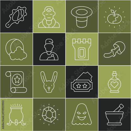 Set line Mortar and pestle, Bottle with love potion, Psilocybin mushroom, Magic hat, Wizard warlock, Moon stars, hand mirror and Castle tower icon. Vector