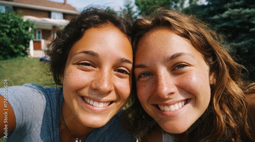 Fototapeta premium Two smiling women posing for a selfie.