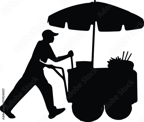 A silhouette of a street vendor walking with his pushcart in an alley, vending food. The image has a monochrome black-and-white color palette.