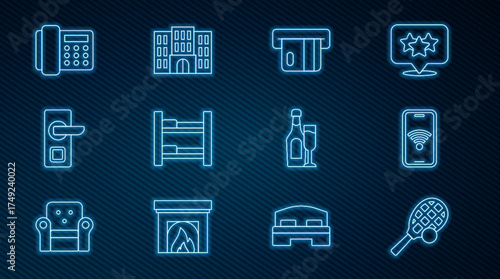 Set line Tennis racket with ball, Mobile wi-fi wireless, Credit card, Hotel room bed, Digital door lock, Telephone handset, Champagne bottle glass and building icon. Vector