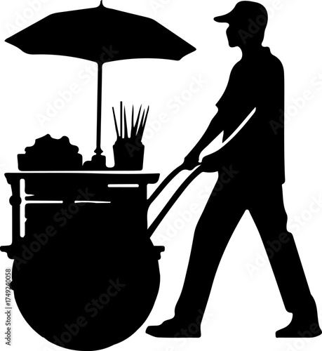 A silhouette of a street vendor pushing a cart, likely selling food or goods, in an alleyway scene.