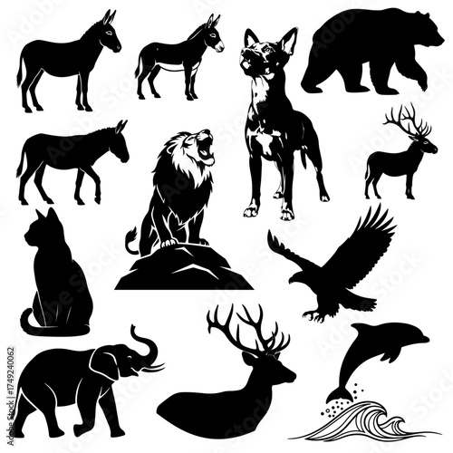 Large Collection of Wild and Domestic Animal Silhouettes, 
Black Wildlife and Farm Animals Vector Set, Perfect for logos, icons, educational materials, tattoo stencils, apparel, and large wildlife.