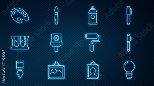 Set line Light bulb, Pen, Paint spray can, Spray nozzle cap, Pencil sharpener, Palette, roller brush and icon. Vector