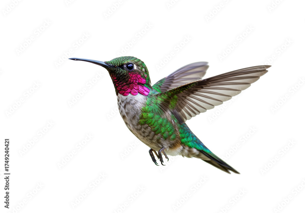 Fototapeta premium Anna s hummingbird flying PNG isolated on transparent background, colorful bird with iridescent feathers in flight, wildlife photography