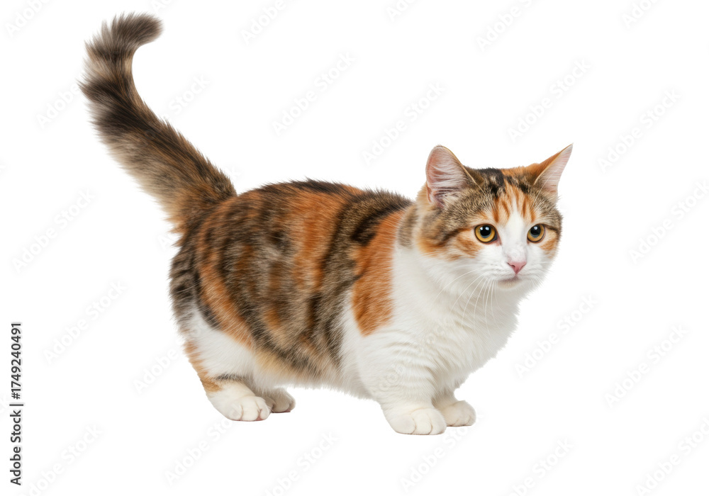 Naklejka premium Calico Munchkin cat isolated on transparent background, short legged feline with orange and black markings for pet adoption