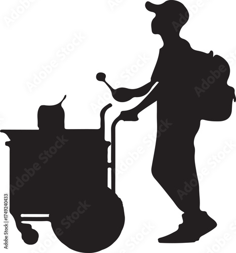 A black silhouette of a street vendor in an alley, complete with cart, food, and a distinctive uniform.