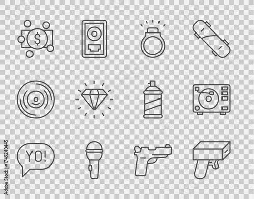 Set line Yo slang lettering, Money gun, Diamond, Microphone, Stacks paper money cash, Pistol or and Vinyl player with vinyl disk icon. Vector