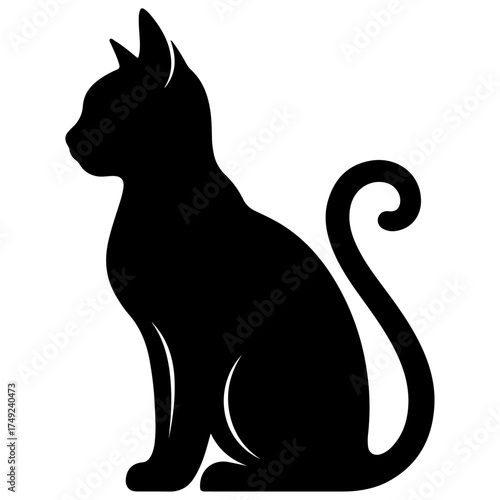 Elegant Black Cat Silhouette Vector Icon in Sitting Profile, 
Isolated Feline Mascot Logo Graphic with Curled Tail, logo, icon, or design element for themes related to pets, animals, magic, Halloween.
