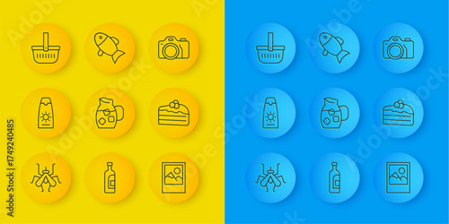 Set line Mosquito, Sunscreen cream in tube, Jug glass with water, Photo frame, Piece of cake, Picnic basket, camera and Fish icon. Vector