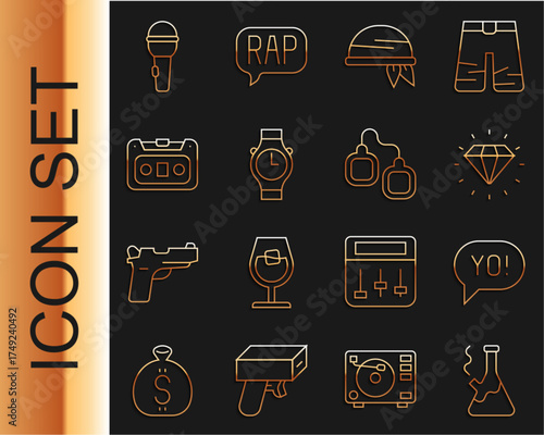 Set line Glass bong for smoking marijuana, Yo slang lettering, Diamond, Bandana, Wrist watch, Retro audio cassette tape, Microphone and Handcuffs icon. Vector