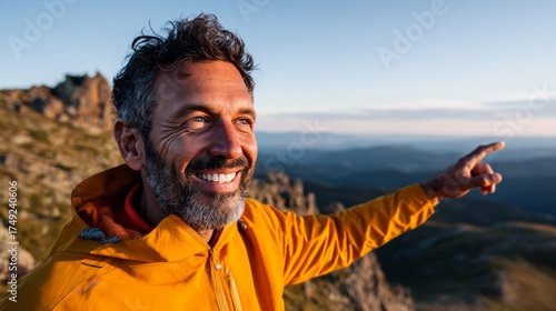 Man pointing at horizon from mountain top.