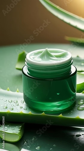 green cream jar resting on fresh aloe vera leaves