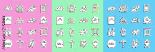 Set line Gold bars, mine, exchange money, Diamond engagement ring box, and coin with gold icon. Vector