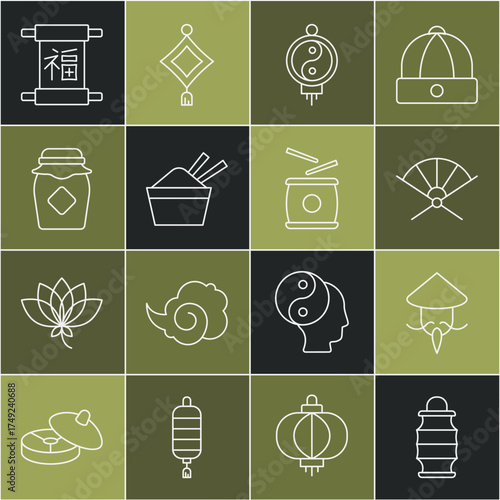 Set line Chinese paper lantern, Asian or conical straw hat, Traditional fan, ice bowl with chopstick, Jar of honey, New Year and drum icon. Vector