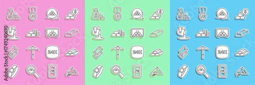 Set line Gold mine, bars, coin with gold, Molten being poured, Bag of and Safe icon. Vector
