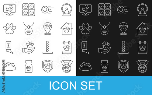 Set line Pet award symbol, Calendar grooming, house, toys ball, Collar with name tag, Paw print, Fish and Location veterinary hospital icon. Vector