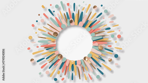 Colorful paper confetti circle with gold accents on a white background for festive occasions