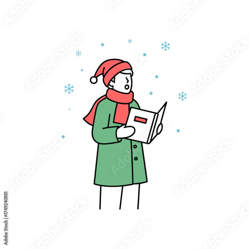 Christmas caroler singing outdoors – isolated on white