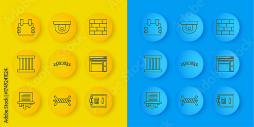 Set line Paper shredder, Prison window, Thief eye mask, Safe, Website template, Bulletproof vest, Bricks and Motion sensor icon. Vector