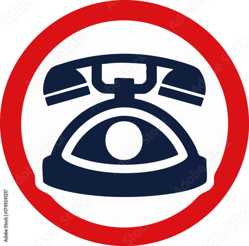 Retro telephone icon inside red circle for call contact and helpline