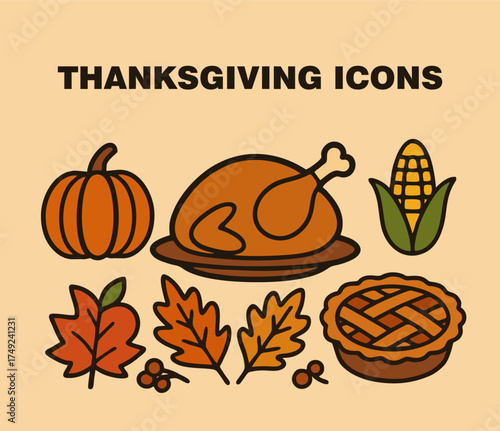Thanksgiving Icons Set – Flat Vector Collection of Pumpkin, Turkey, Pie, Corn, and Autumn Leaves for Holiday Design