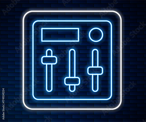 Glowing neon line Sound mixer controller icon isolated on brick wall background. Dj equipment slider buttons. Mixing console. Vector