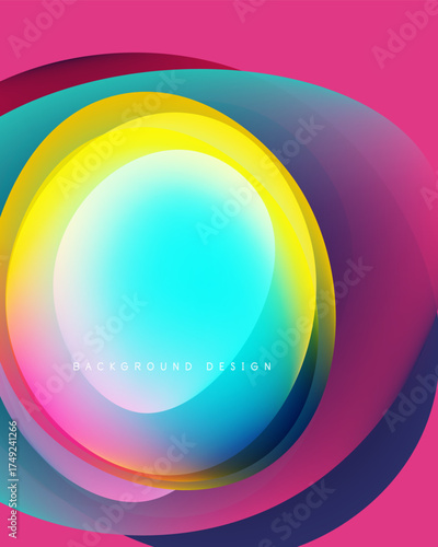 Abstract colorful circles overlap creating vibrant visual effect. Pink, yellow, blue hues blend smoothly. Modern design element.