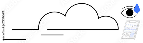 Cloud outline with dynamic lines, an eye tracking a water droplet, and a report displaying a growth graph. Ideal for data analysis, cloud computing, growth tracking, monitoring, AI, security
