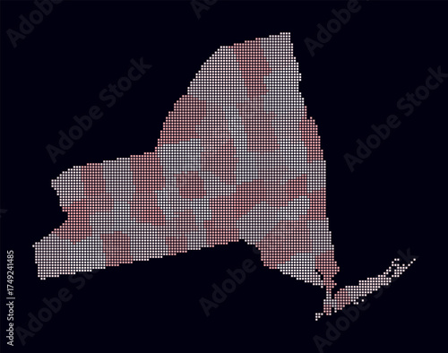 New York dotted map. Digital style map of the state on dark background. New York shape with square dots. Colored dots style. Small size squares. Modern vector illustration.