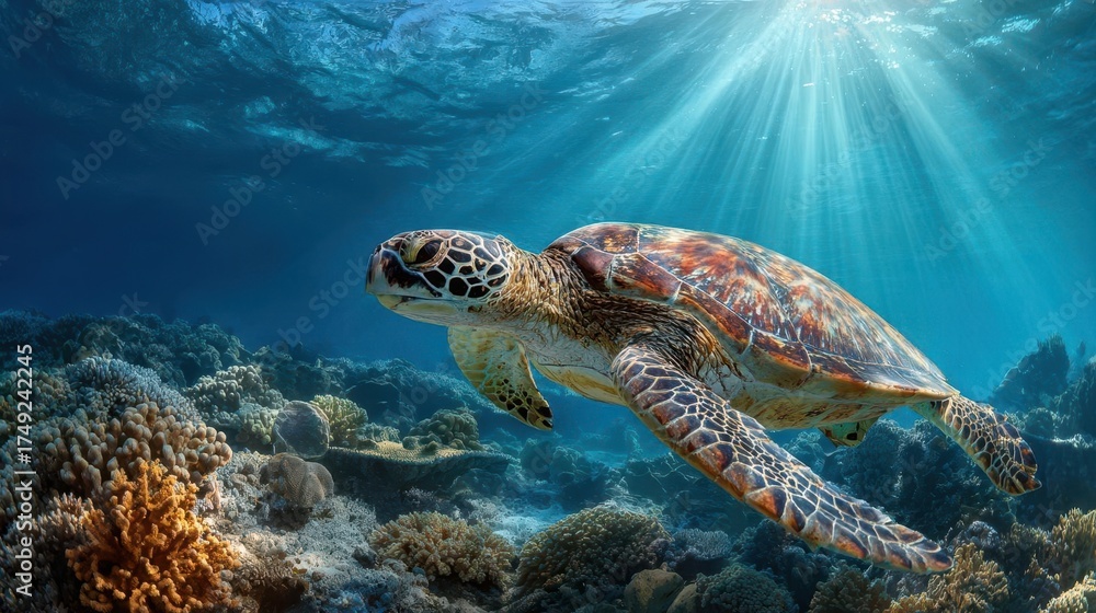 Obraz premium Majestic Sea Turtle Gliding Over a Vibrant Coral Reef