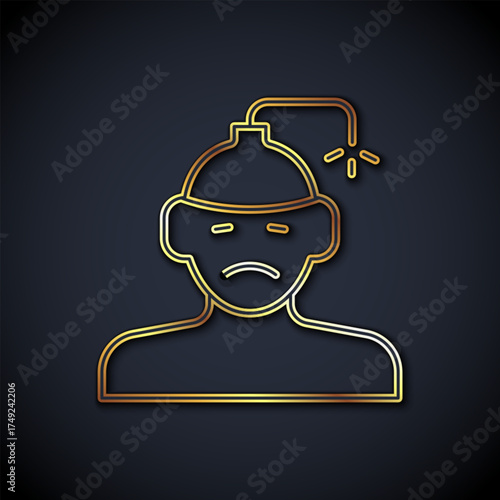 Gold line Concussion, headache, dizziness, migraine icon isolated on black background. Vector