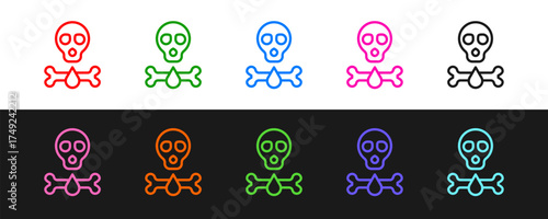 Set line Bones and skull as a sign of toxicity warning icon isolated on black and white background. Vector