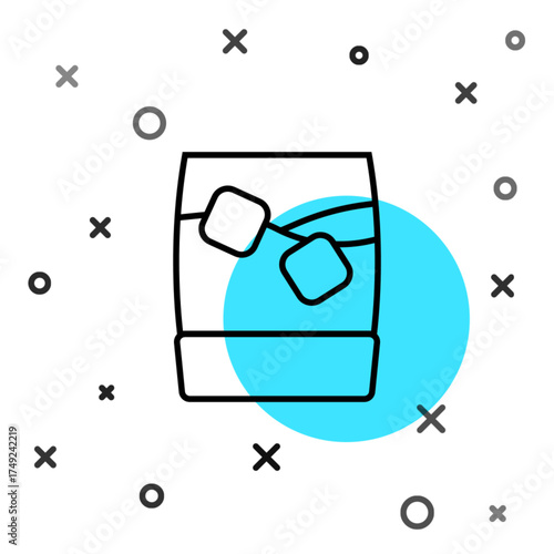 Black line Glass of whiskey with ice cubes icon isolated on white background. Random dynamic shapes. Vector