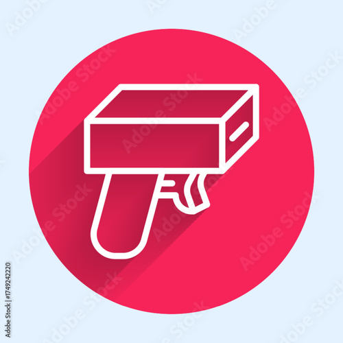 White line Money gun icon isolated with long shadow background. Shoot the toy gun with money. Cash machine gun. Red circle button. Vector