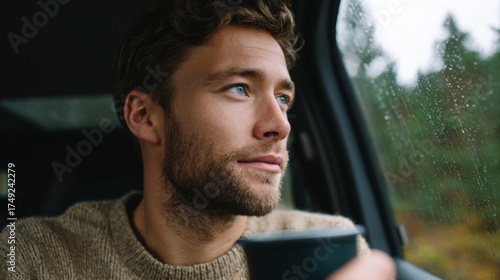 Man sitting in car with beard, looking out window during rainy day.