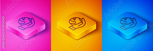 Isometric line Human hand holding Earth globe icon isolated on pink and orange, blue background. Save earth concept. Square button. Vector