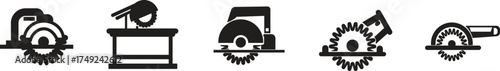 Circular Saw Machine Icon Set and Power Tool Vector Collection Group of Cutting Blade, Electric Grinder, Construction Equipment, Carpentry Tool, Industrial Symbol in Black Flat Style