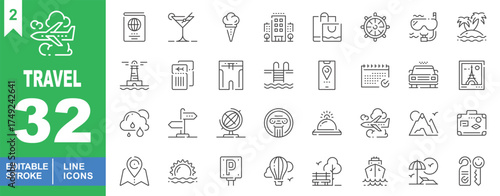 Travel set of web icons in line style. Exclusive travel line icon collection. Containing airplane, passport, cocktail, icecream, city, shoppingbag, steeringwheel. Editable stroke. Vector illustration.