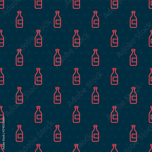 Red line Bottle of wine icon isolated seamless pattern on black background. Vector