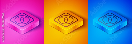 Isometric line Compass icon isolated on pink and orange, blue background. Windrose navigation symbol. Wind rose sign. Square button. Vector
