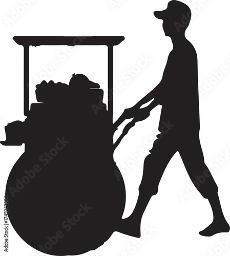 Silhouette of a street vendor pushing a cart filled with goods through an alleyway.
