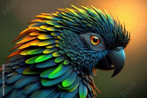 Vibrant Bird of Paradise in Colorful Abstract on Dark Background close-up parrot head neck