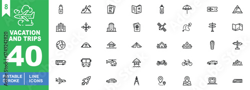 Vacation and trips set of web icons in line style. Exclusive vacation and trips line icon collection. Containing water, mountains, ticket, passport, sunblock. Editable stroke. Vector illustration.