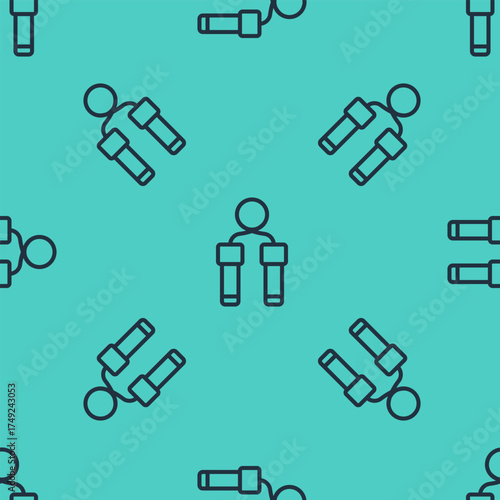 Black line Jump rope icon isolated seamless pattern on green background. Skipping rope. Sport equipment. Vector