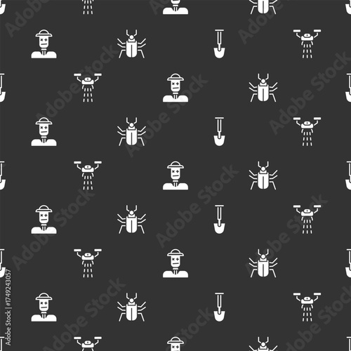 Set Shovel, Smart farm with drone, Scarecrow and Insect fly on seamless pattern. Vector