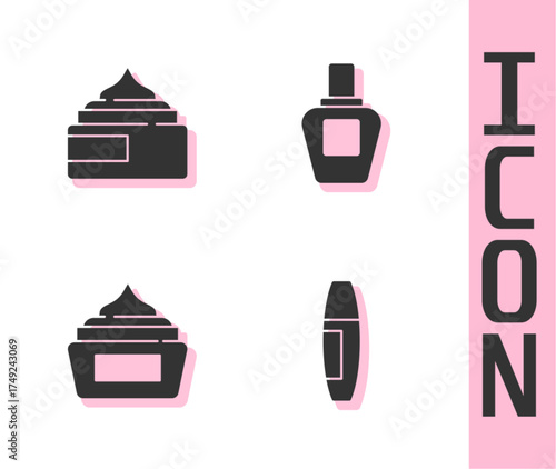 Set Mascara brush, Cream or lotion cosmetic tube, and Perfume icon. Vector