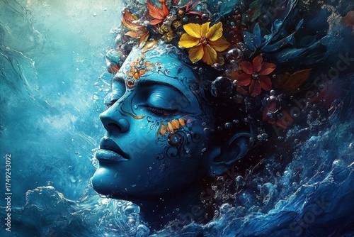 Lord Krishna submerged underwater in a vibrant Janmashtami celebration background, digital art piece that appears
