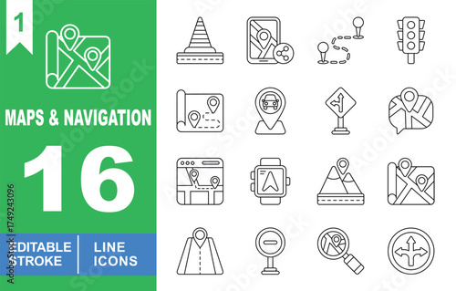 Maps & navigation set of web icons in line style. Exclusive maps & navigation line icon collection. Containing traffic cone, phone, location, trafficlight, map, location. Editable stroke. Vector